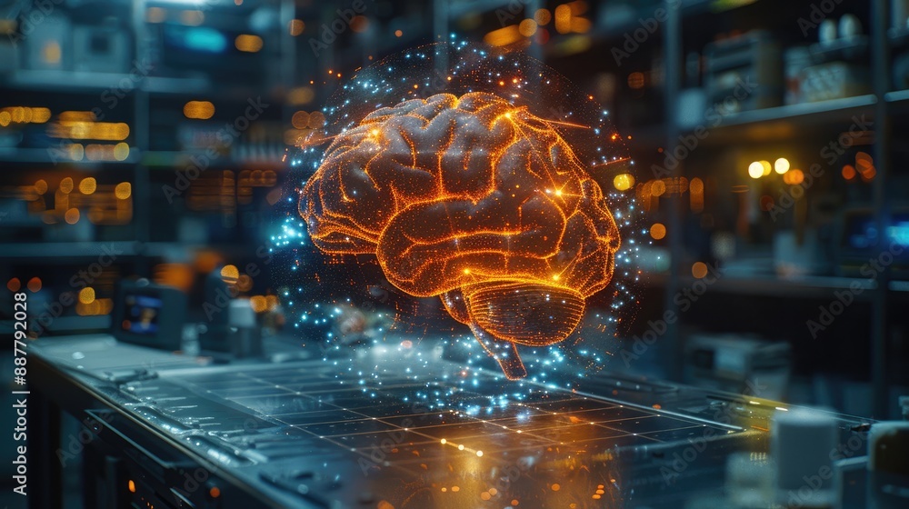 Obraz premium Futuristic glowing brain hologram in a high-tech laboratory, representing artificial intelligence and advanced technology research.