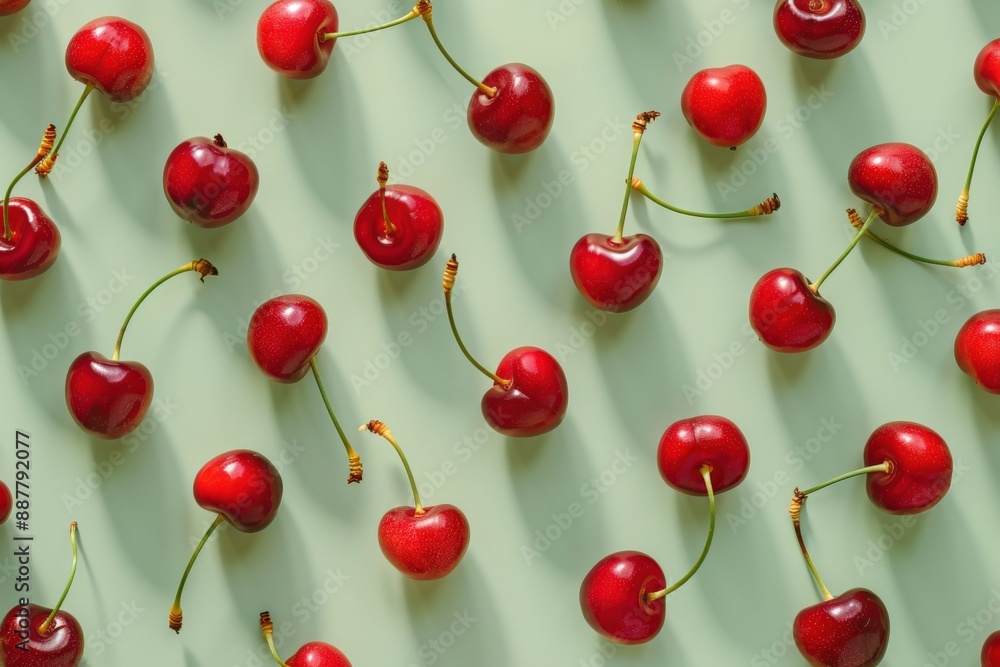 Fresh Red Cherries Pattern on Green Background Fresh Red Cherries Pattern on Green Background