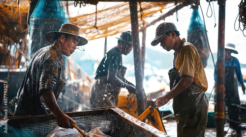 A group of fishermen working together on a rainy day under a tarp. They are wearing hats and waterproof clothing, and appear to be handling a fishing net.