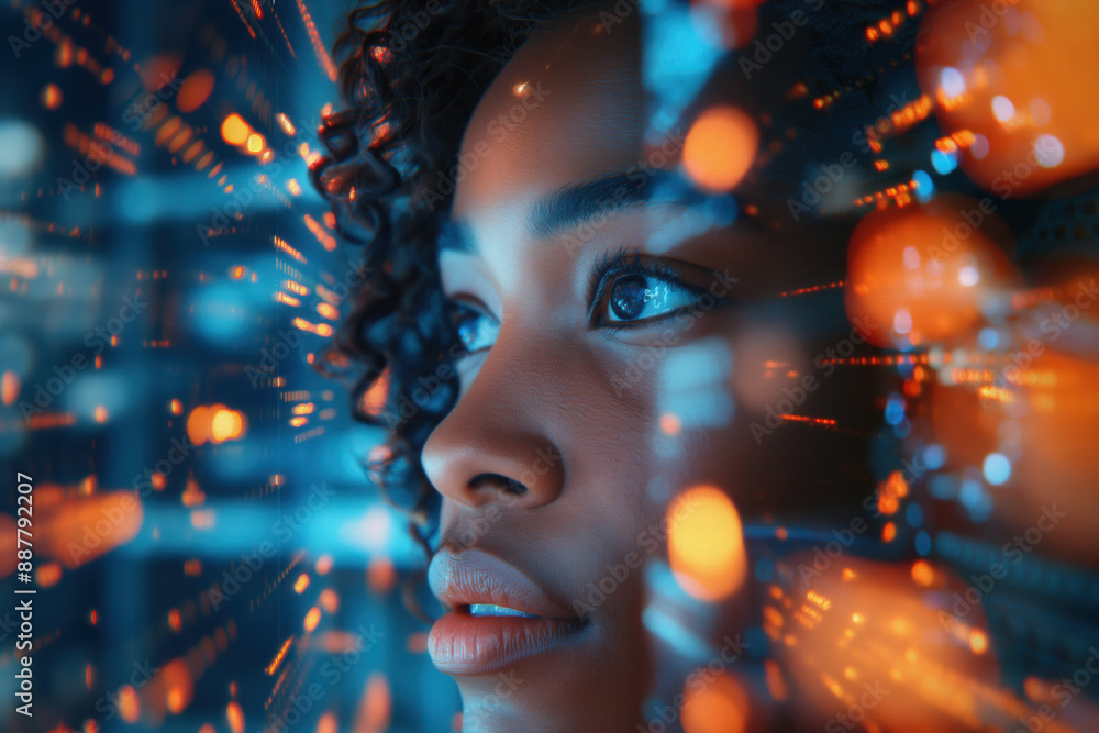 Afroamerikanischer Frau blickt in einen digitalen futuristischen Erfolgsbildschirm Afroamerikanischer Frau blickt in einen digitalen futuristischen Erfolgsbildschirm