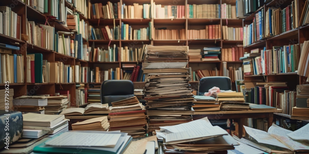 A library with a lot of books piled up on a desk. The books are of different sizes and colors. The scene gives off a feeling of being overwhelmed by the amount of information available A library with a lot of books piled up on a desk. The books are of different sizes and colors. The scene gives off a feeling of being overwhelmed by the amount of information available