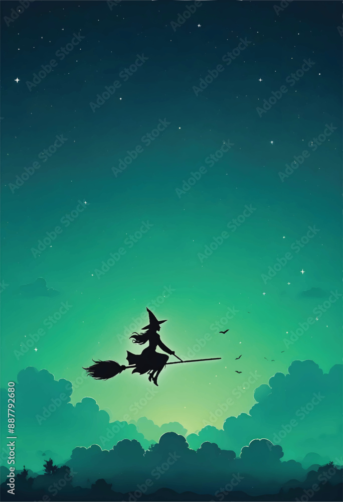 a silhouette of halloween witch with broomstick is flying on the sky with fluffy clouds a silhouette of halloween witch with broomstick is flying on the sky with fluffy clouds