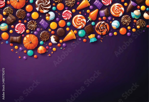 vector border design of a purple background with a bunch of different halloween candies and treats