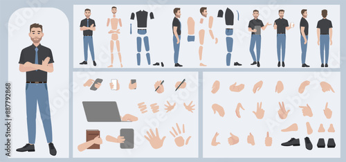 Business man avatar creation suitable for animation. Generator, constructor of diverse views of face, body, hands and leg parts. Male character construction for comfortable fast motion design.