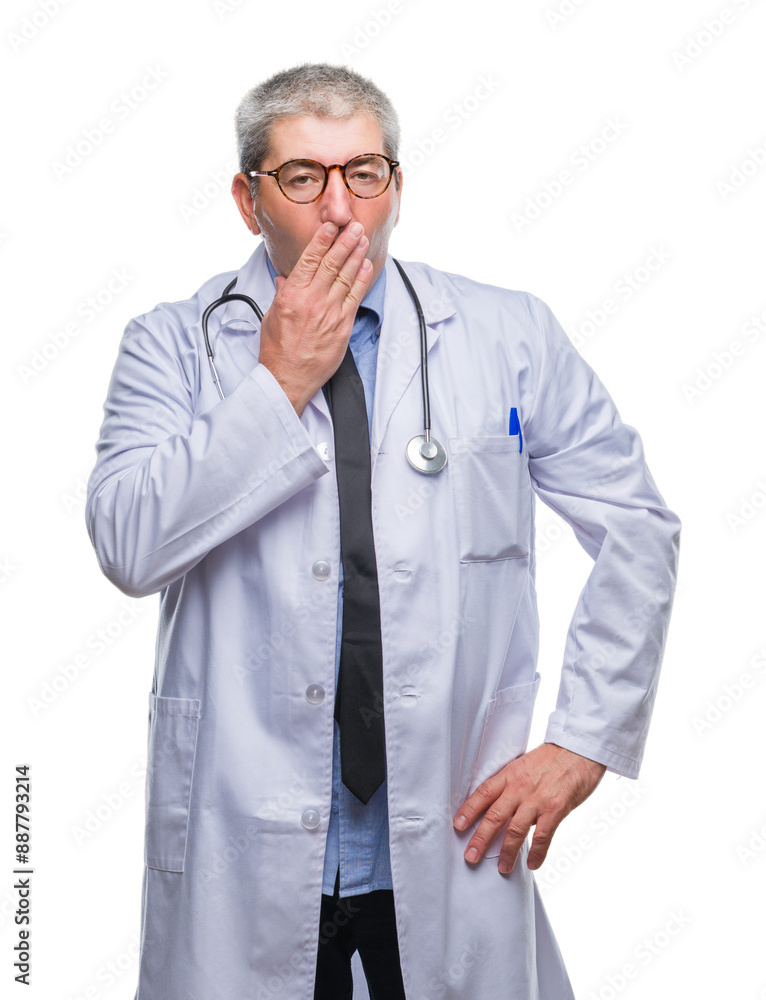 Handsome senior doctor man over isolated background bored yawning tired covering mouth with hand. Restless and sleepiness. Handsome senior doctor man over isolated background bored yawning tired covering mouth with hand. Restless and sleepiness.