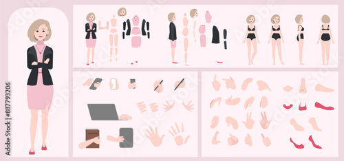 Business woman avatar creation suitable for animation. Generator, constructor of diverse views of face, body, hands and leg parts. Female character construction for comfortable fast motion design.