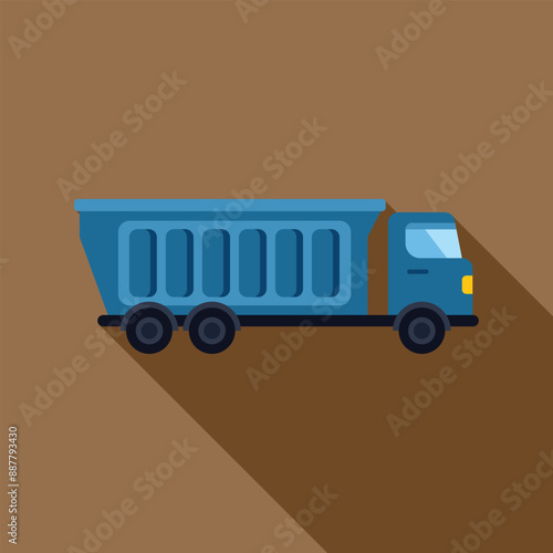 Blue tipper truck transporting building materials on construction site with long shadow