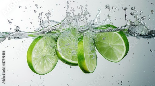 Vibrant Lime Wedges Splashing in Clear Water with Citrusy Refreshment on Monochrome Background, Generative Ai