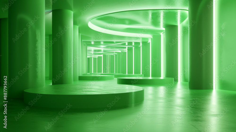 Green interior featuring an abstract luminous rectangular corridor and a round podium. Innovation and modern design concept. 3D rendering. Green interior featuring an abstract luminous rectangular corridor and a round podium. Innovation and modern design concept. 3D rendering.