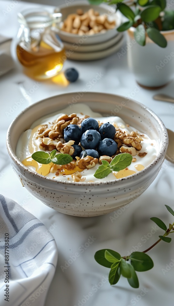 a bowl of yogurt with blueberries and walnuts a bowl of yogurt with blueberries and walnuts