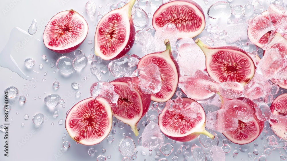 Crisp Fig Slices Floating in Clear Water with Frozen Droplets on Solid Background - Refreshing and Sweet Fruit Concept, Generative Ai Crisp Fig Slices Floating in Clear Water with Frozen Droplets on Solid Background - Refreshing and Sweet Fruit Concept, Generative Ai
