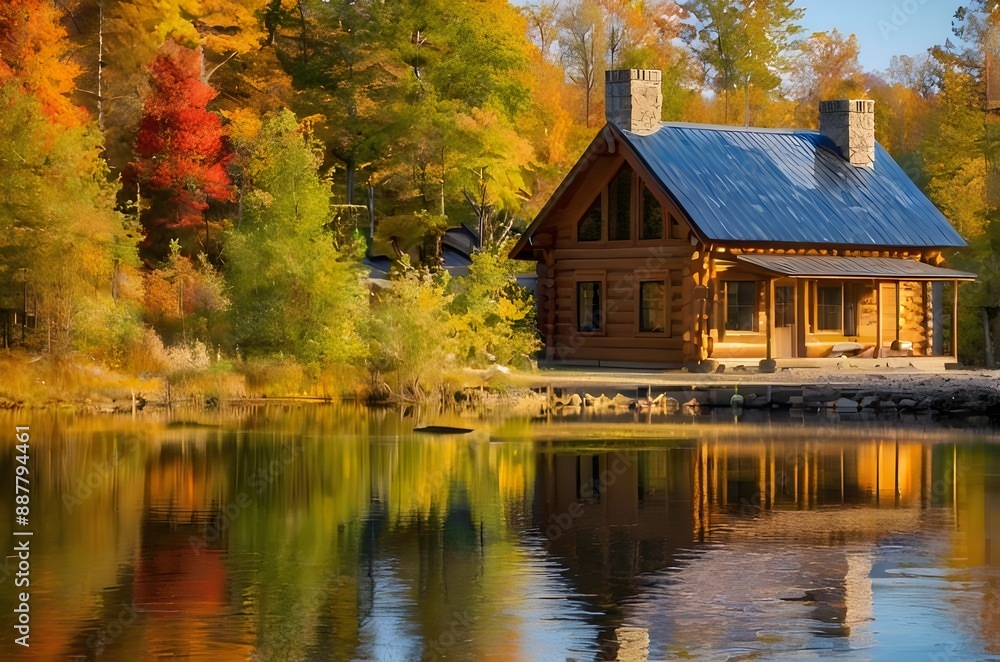 Water reflection of a log cabin the woods Water reflection of a log cabin the woods