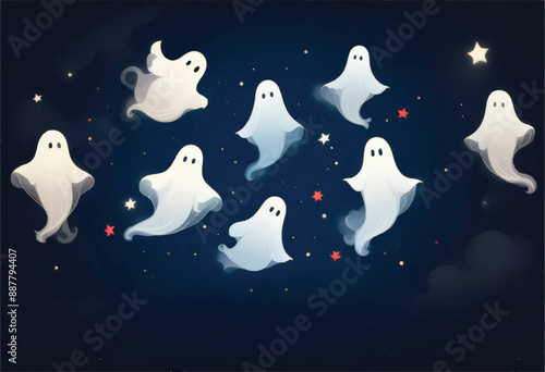 vector illustration of a series of halloween ghost images with stars on the sky background