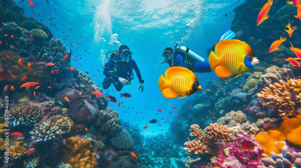 Fototapeta premium Two people are scuba diving in the ocean