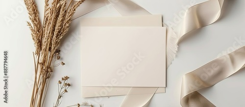 A vertical blank card is placed beside silk ribbons and dried hare s tail grass on a white surface creating a boho romantic scene suitable for nature inspired invitations with copy space image include photo