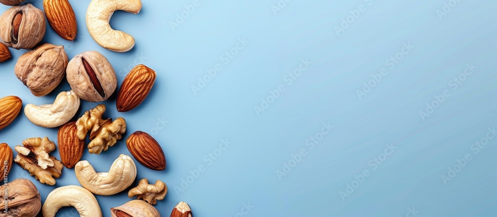 A variety of tasty nuts on a bright blue backdrop top down view Room for adding text within the copy space image A variety of tasty nuts on a bright blue backdrop top down view Room for adding text within the copy space image