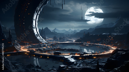 A mystical alien city built around a colossal metallic structure, illuminated by the glow of a full moon. Vehicles traverse a luminous path that encircles the city, reflecting in the water below.