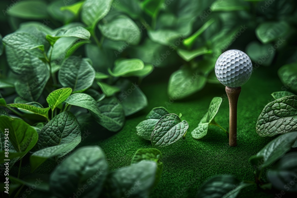 Golf ball on a tee surrounded by green leaves Golf ball on a tee surrounded by green leaves
