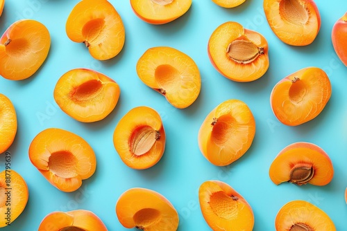 Fresh Apricot Halves on Bright Blue Background  photo