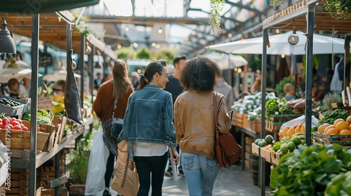A group of friends exploring a lively urban market, browsing through stalls filled with fresh produce and handmade goods