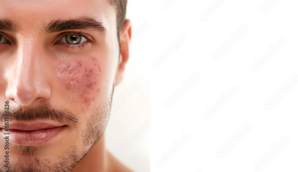 Fototapeta premium Rosacea & Skin Conditions : Men's Faces, copy space Treatment. Close-up of Couperose, Vascular Stars, Capillaries, Freckles, Back Rashes. Dermatology Insights