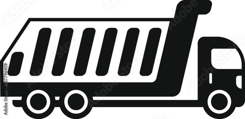 This simple black and white icon represents a tipper truck carrying a load, perfect for projects related to construction or transportation