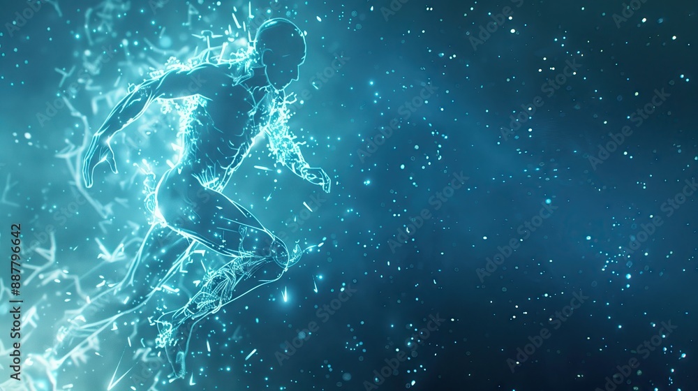 Fototapeta premium Cinematic imagery using particles: glowing translucent glows, the tiniest outlines of people running, dissolving and disappearing into particles. 