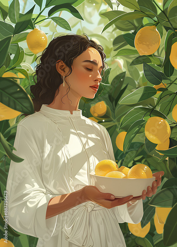 Elegant Illustration of African American Woman with Lemons in Serene Garden