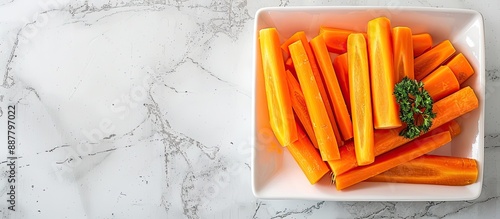 Sliced carrots arranged neatly on a white square bowl with a clear copy space image photo