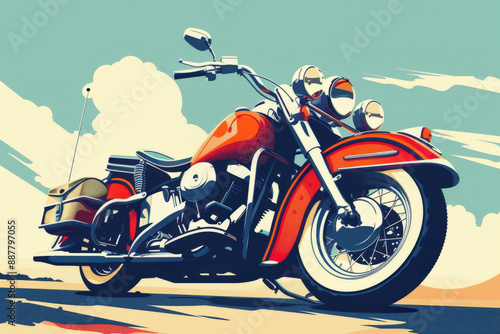 Classic red motorcycle with saddlebags is standing on a desert road with a cloudy sky in the background in this retro poster illustration