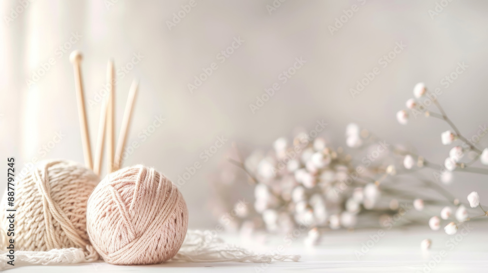 Soft Yarn Balls and Knitting Needles with Flowers Soft Yarn Balls and Knitting Needles with Flowers