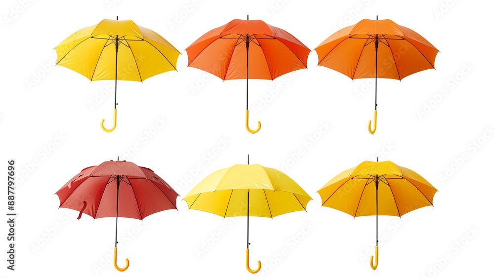 Obraz premium 6 umbrellas orange yellow color isolated on white background PNG Vibrant Umbrellas Colors Concept