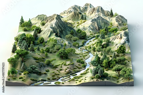 A 3d model of a mountain with a river running through it