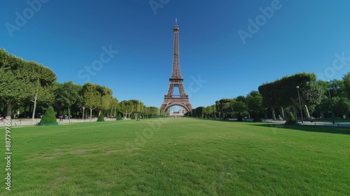 Beautiful landscape with Eiffel Tower under clear blue sky. Iconic Paris landmark in bright daylight. Perfect for travel, tourism, and architecture themes. Ideal for backgrounds and web design. AI photo