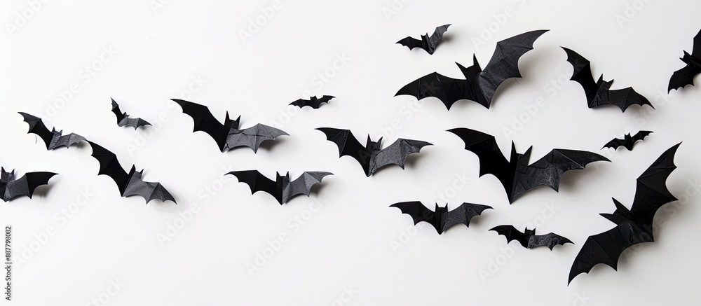 Fototapeta premium Black paper bats flying over a white background adding spooky flair to a Halloween and decoration concept with a copy space image
