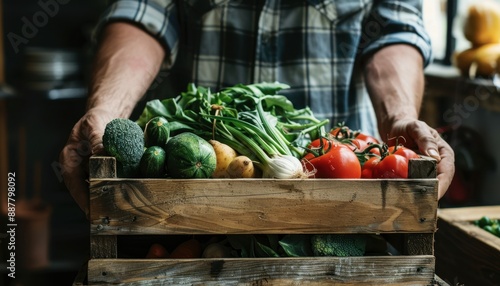 Man Holding Wooden Crate Full of Fresh Vegetables photo