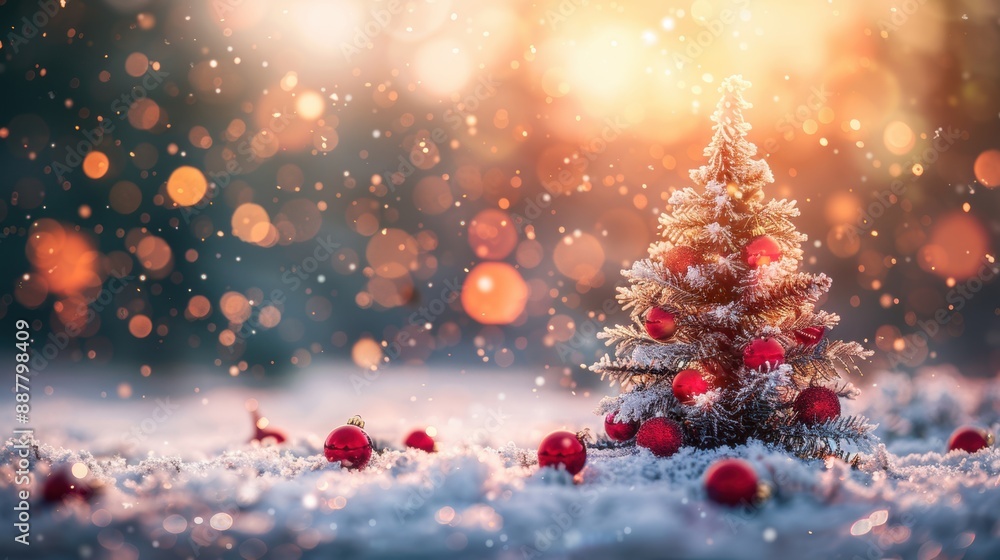 Naklejka premium A beautifully decorated Christmas tree with red ornaments standing in a snowy landscape, illuminated by soft twilight bokeh lights.