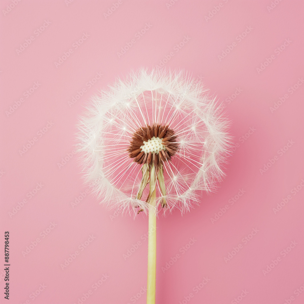 Fototapeta premium Minimalistic flatlay white overripe dandelion flower spreading on pastel pink background 