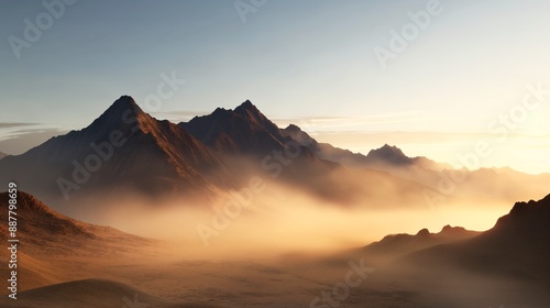 capture of a misty mountain range at sunrise, golden light, crisp detail © CHOI POO