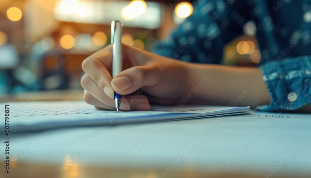 Close Up Of Person's Hand Writing With Pen On Paper In A Cafe Close Up Of Person's Hand Writing With Pen On Paper In A Cafe