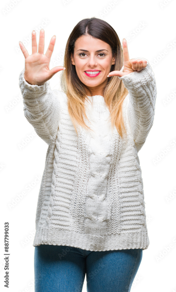 Young beautiful woman casual white sweater over isolated background showing and pointing up with fingers number seven while smiling confident and happy. Young beautiful woman casual white sweater over isolated background showing and pointing up with fingers number seven while smiling confident and happy.