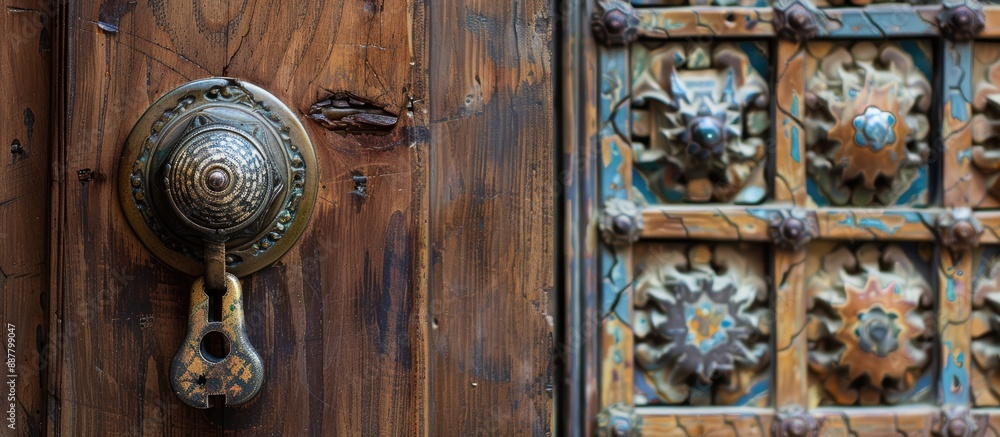 Fototapeta premium An aged metal doorknob on a vintage wooden door featuring traditional windows doors and locks in a Moroccan style all set against a copy space image