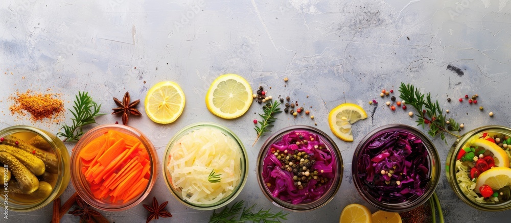 A variety of fermented foods like sauerkraut red cabbage pickles carrots and preserved lemons displayed on a bright backdrop with available copy space image A variety of fermented foods like sauerkraut red cabbage pickles carrots and preserved lemons displayed on a bright backdrop with available copy space image