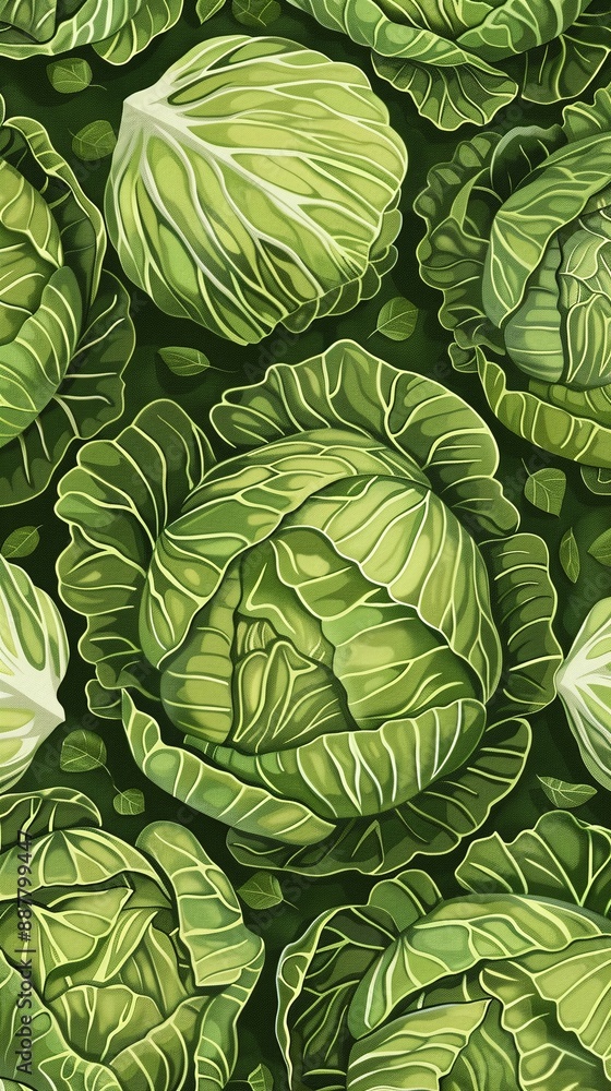 Fototapeta premium illustration of fresh green cabbage pattern on vertical background