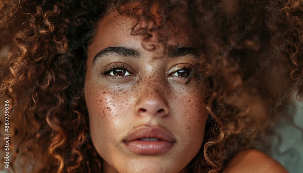 Close Up Portrait of Young Woman With Curly Brown Hair and Freckles Close Up Portrait of Young Woman With Curly Brown Hair and Freckles