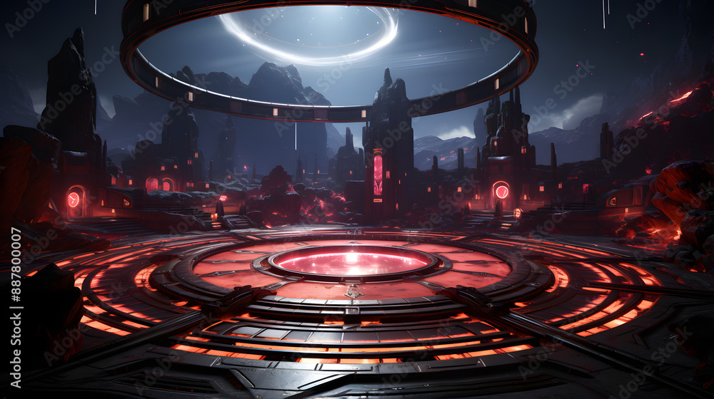 Obraz premium A desolate alien landscape with red hot lava flows and futuristic architecture built into the rocky terrain, illuminated by a giant ring.
