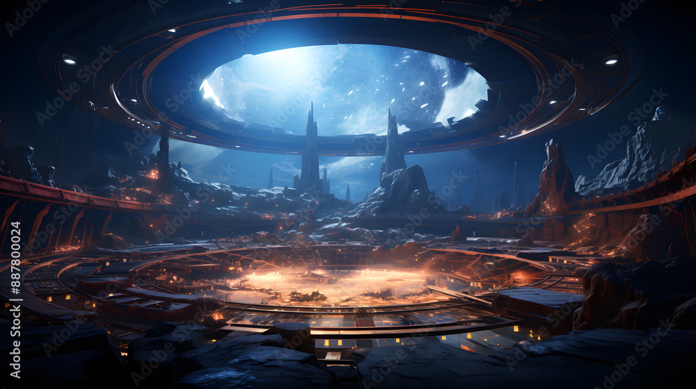 A futuristic city built inside a crater on an alien planet, illuminated by the light of the orbiting mothership, with a breathtaking view of the galaxy beyond. A futuristic city built inside a crater on an alien planet, illuminated by the light of the orbiting mothership, with a breathtaking view of the galaxy beyond.