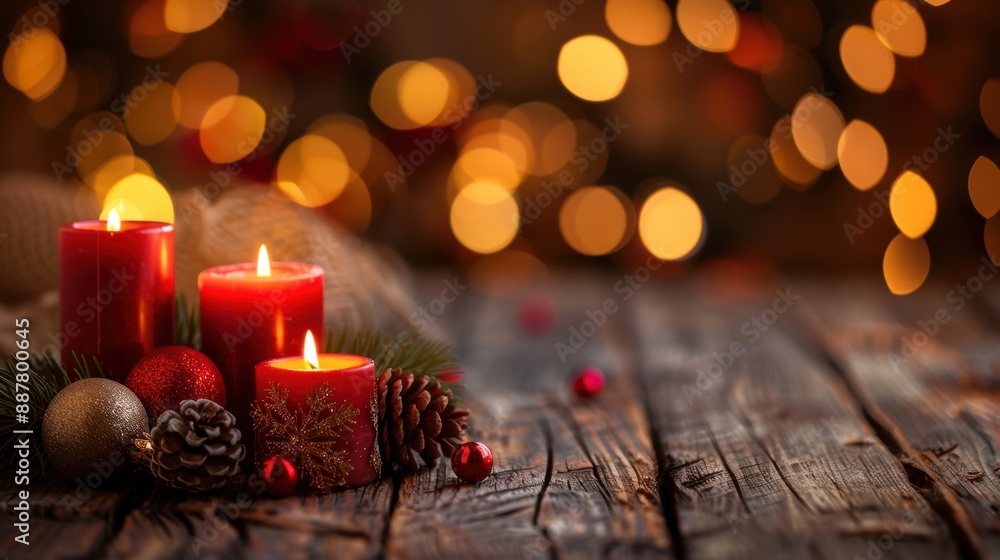 Three red candles and festive ornaments on a rustic wooden table with warm, golden bokeh lights in the background. Three red candles and festive ornaments on a rustic wooden table with warm, golden bokeh lights in the background.