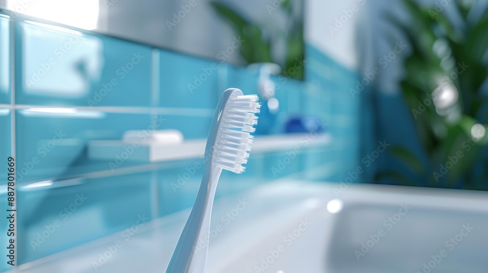 Close-up of a white toothbrush in a bright blue tile bathroom, emphasizing hygiene and cleanliness. Close-up of a white toothbrush in a bright blue tile bathroom, emphasizing hygiene and cleanliness.