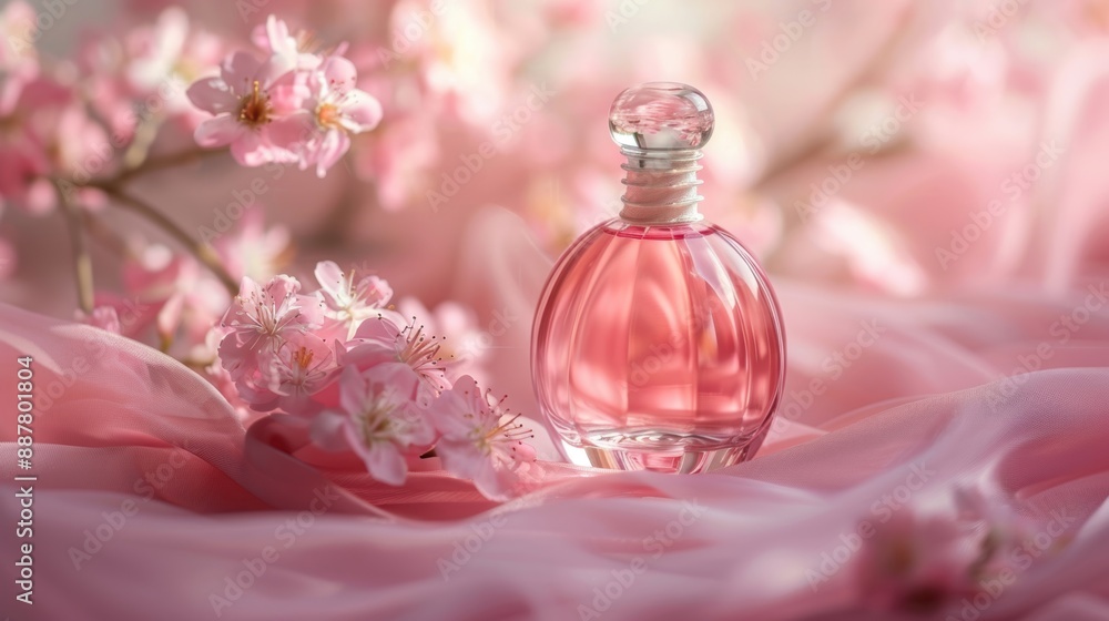 Elegant pink perfume bottle surrounded by cherry blossoms, placed on a delicate pink fabric, creating a romantic and feminine atmosphere. Elegant pink perfume bottle surrounded by cherry blossoms, placed on a delicate pink fabric, creating a romantic and feminine atmosphere.
